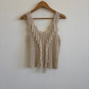 Line & Dot Getaway Fringe Open Knit Boho Tank Top - Cream, size XS